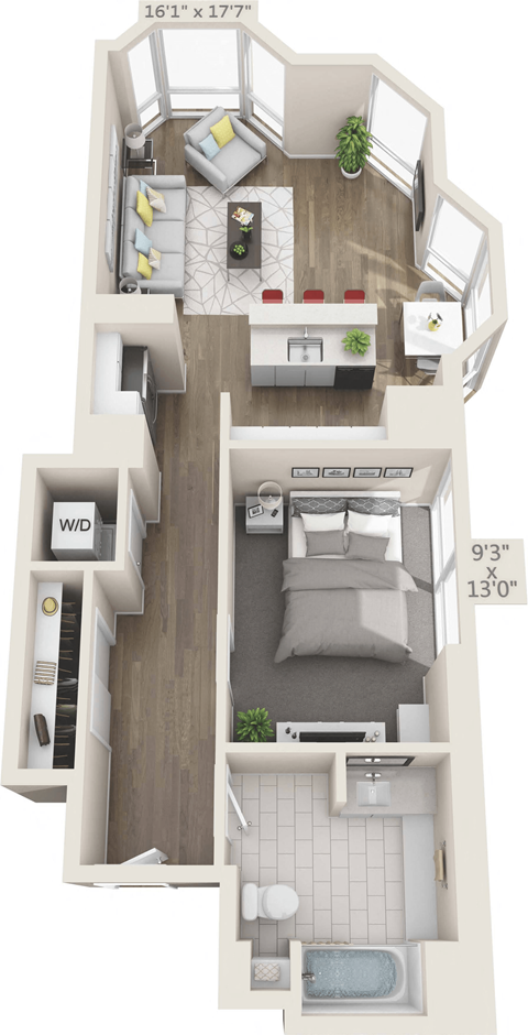 Floor plan for 1 bed, 1 bath, 704 sqft